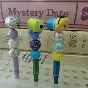 DISNEY TSUM TSUM BEADED PENS ALICE MIKE MONSTERS INC SET 3 MUSHU SILVER MULAN
